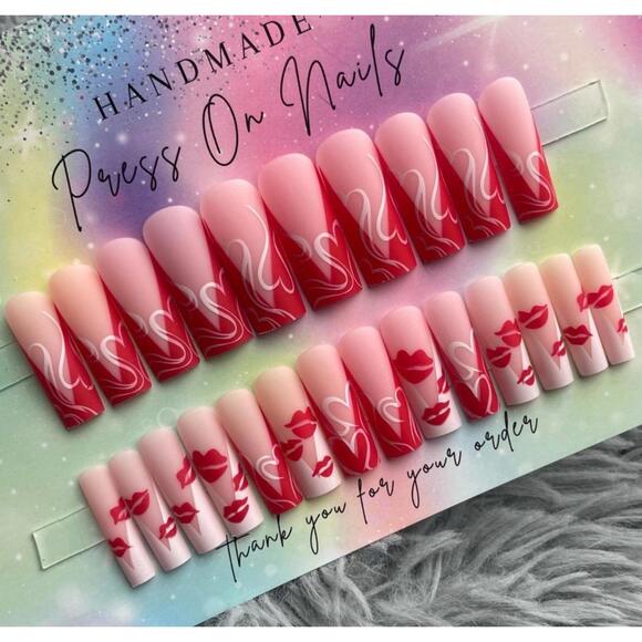 Extra long square red press on nails matte white hearts valentines French tips